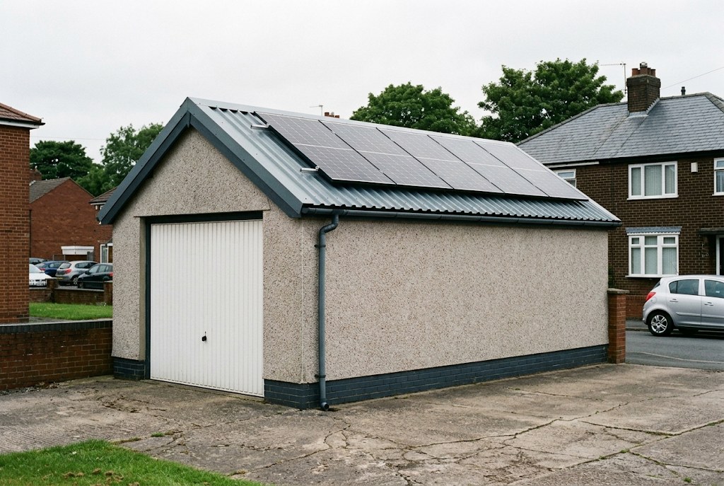 Garage with a new roof, solar panels and a battery in Dudley