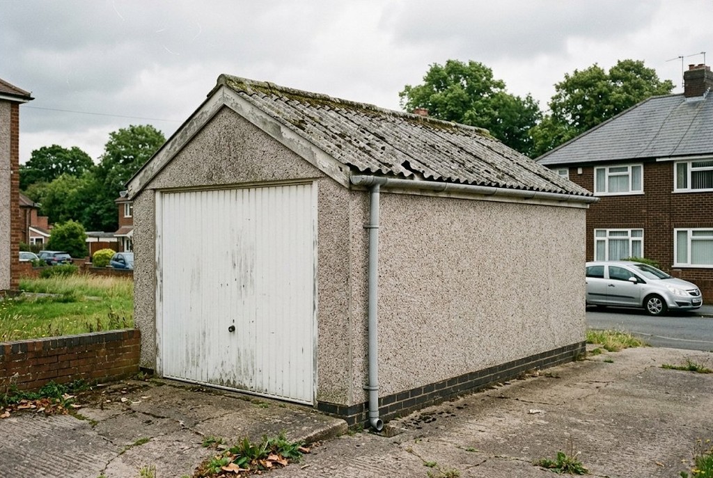 Old garage with a mossy asbestos cement roof